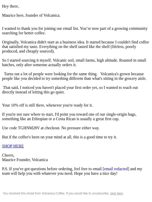 Hi from the founder of Volcanica email from Volcanica Coffee