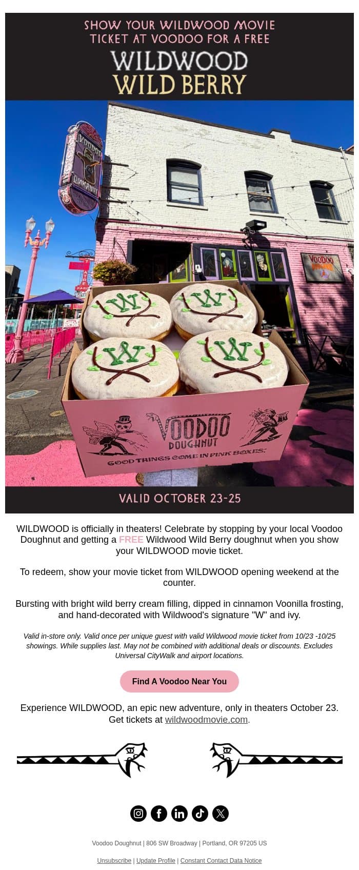 Show Your Movie Ticket for a FREE Wildwood Wild Berry email from Voodoo Doughnut screenshot