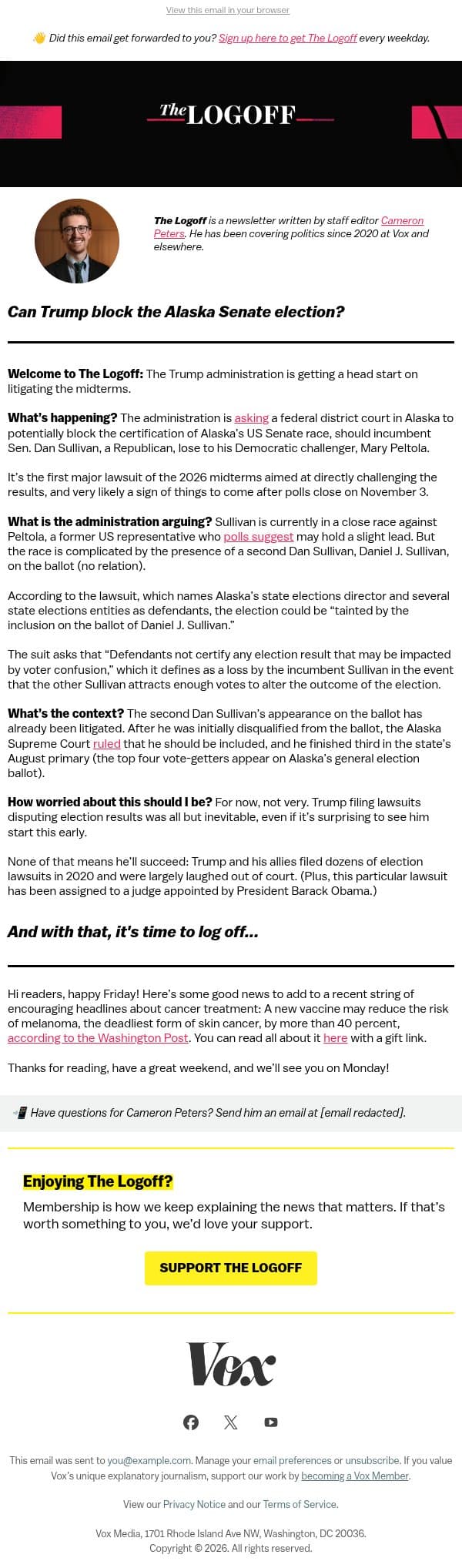 Can Trump block the Alaska Senate election? email from Vox screenshot