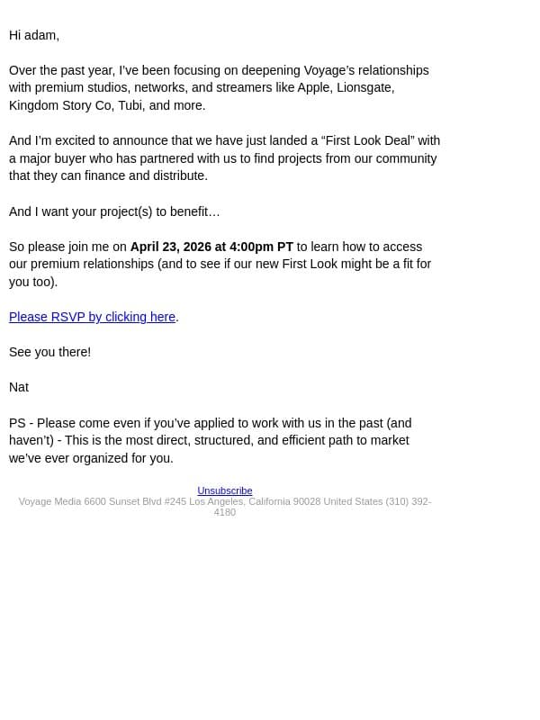 ‘First-Look’ deal available for your project email from Voyage Media