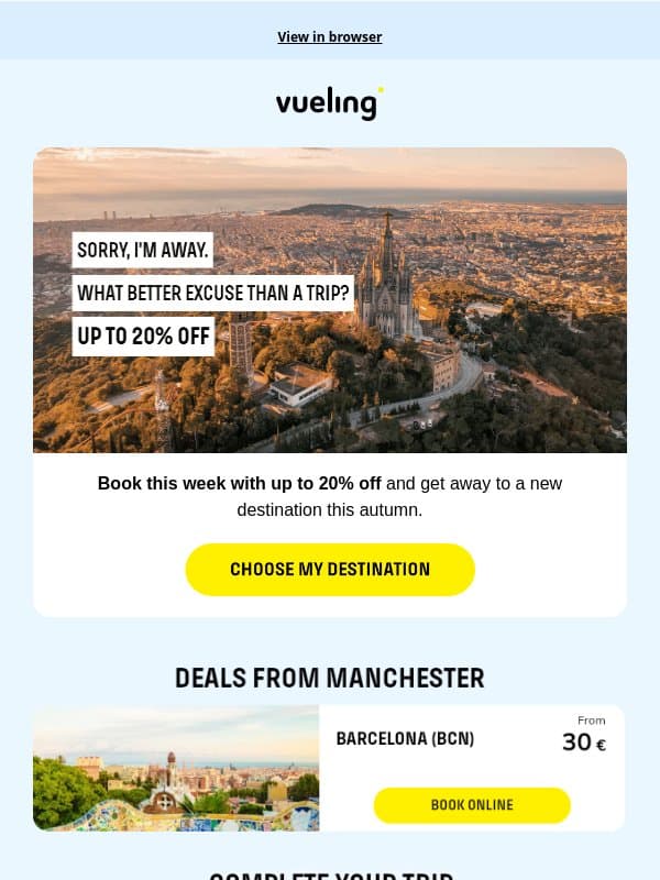 Up to 20% off your next escape ✈️ email from Vueling