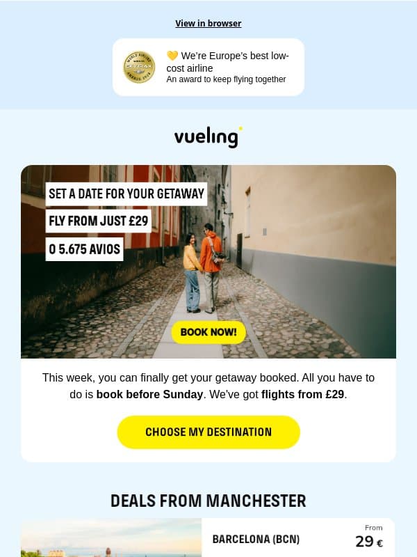 Set a date for your getaway 🏃♀️➡️ email from Vueling
