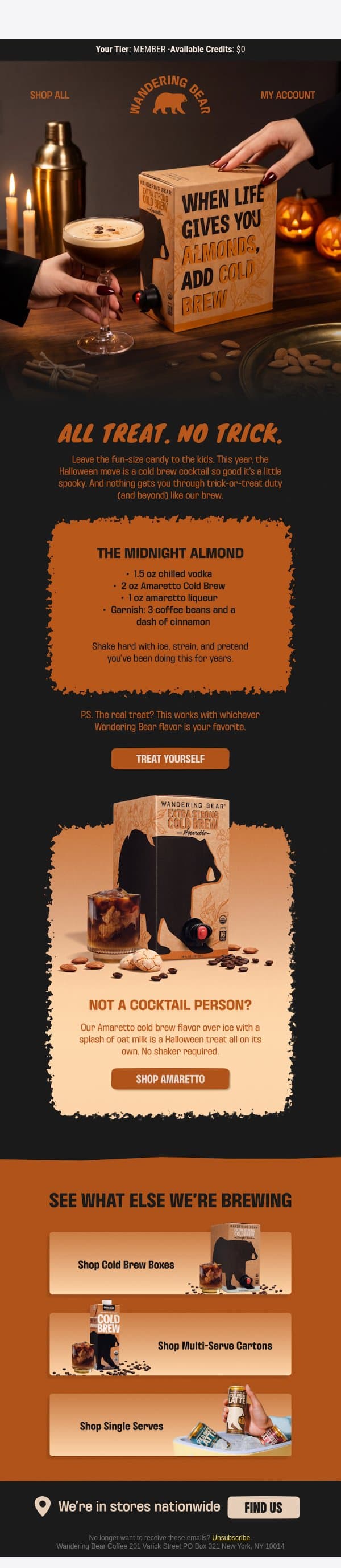 One recipe, zero costume required email from Wandering Bear Coffee screenshot