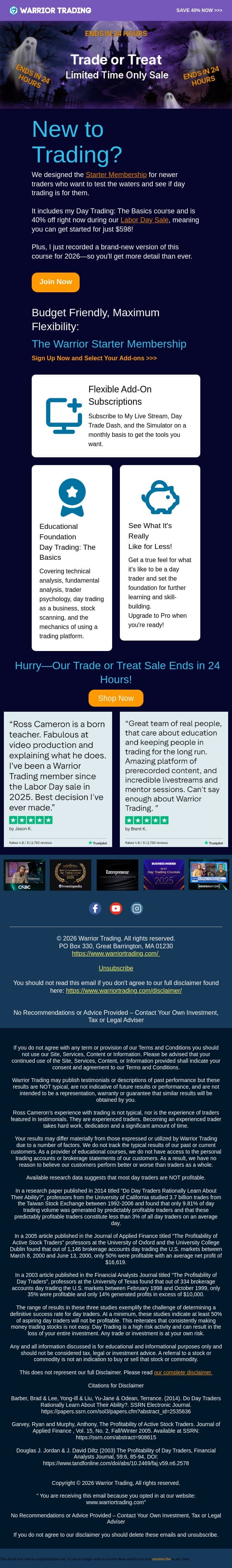 Sale Ends Soon: Start Small, Save Big email from Warrior Trading screenshot
