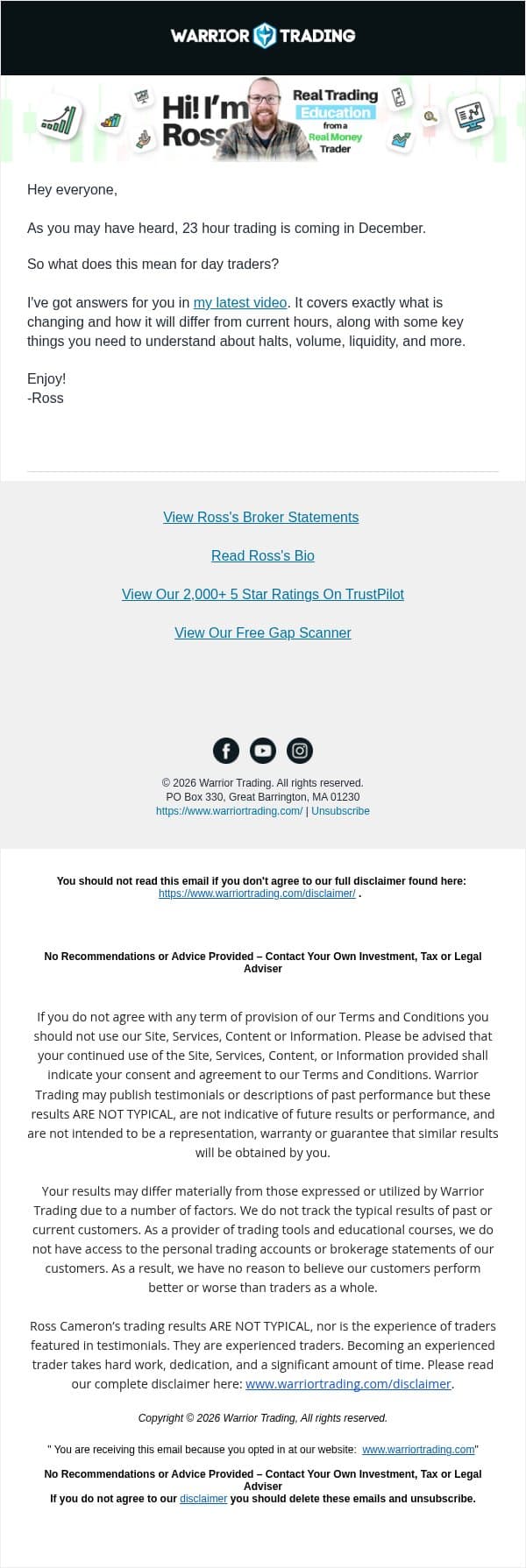 What You NEED to Know About 23/5 Market Hours (Coming in December) email from Warrior Trading screenshot