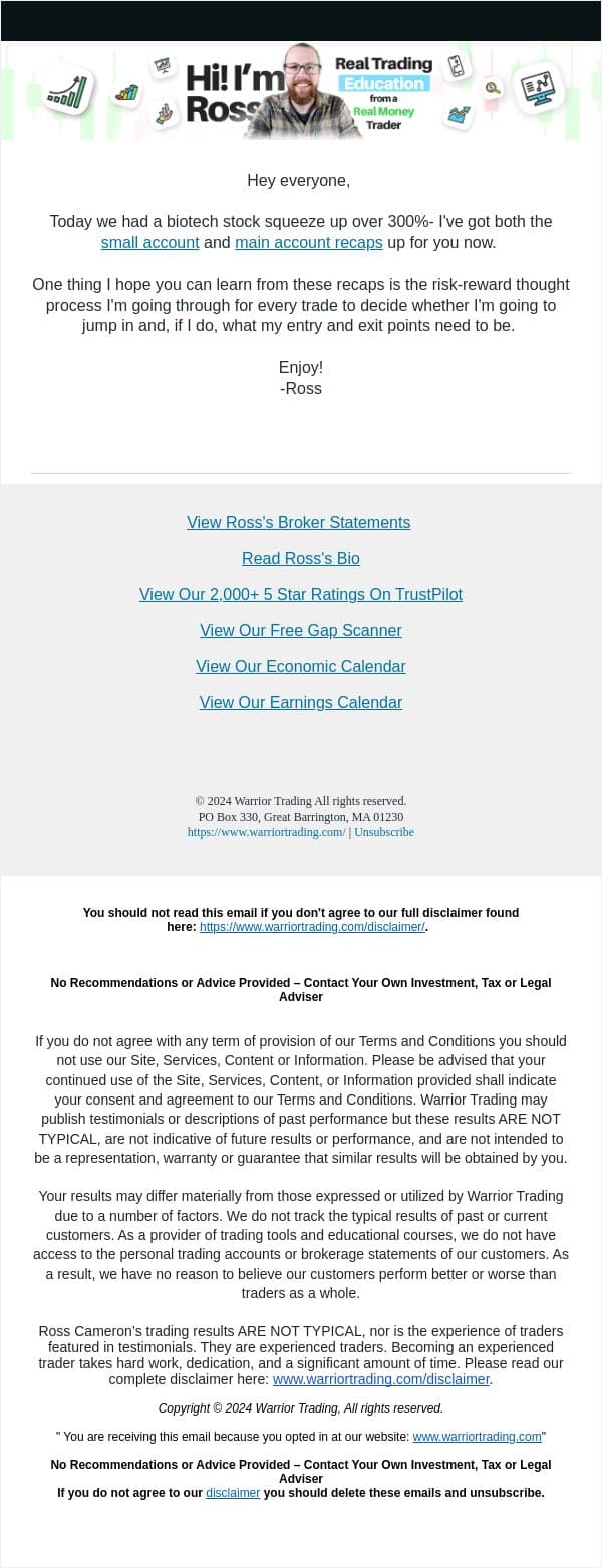 Biotech Stock Squeezes 372% in 5 Minutes email from Warrior Trading screenshot
