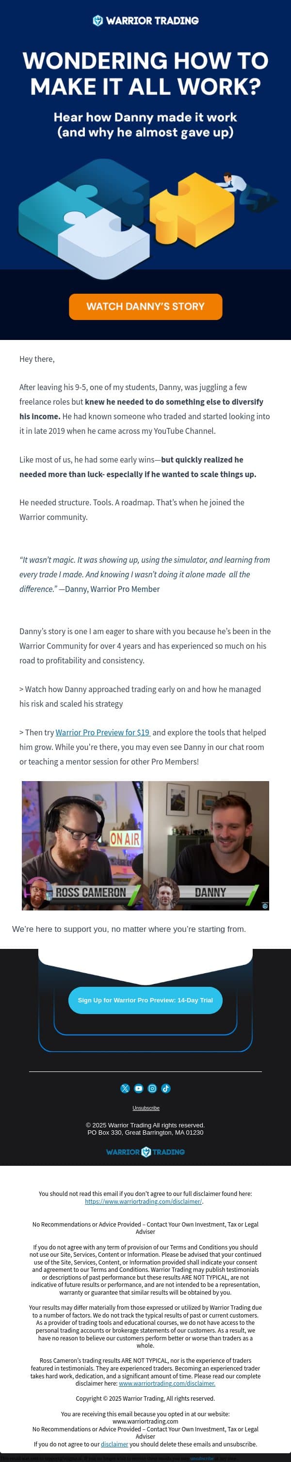 What’s It Really Like to Start Small & Scale Up? email from Warrior Trading screenshot