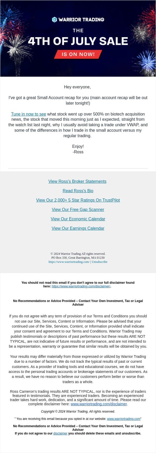 +500% Short Squeeze on Biotech News email from Warrior Trading screenshot