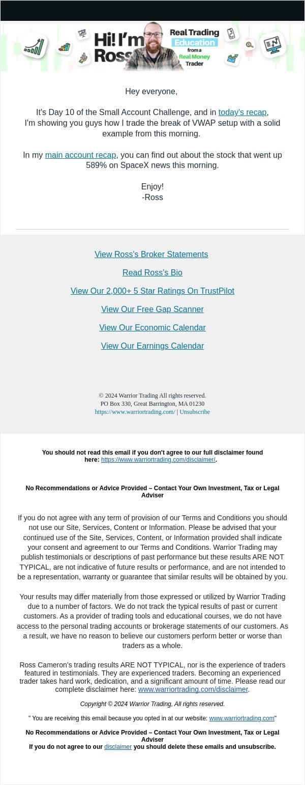 Day Trading the Break of VWAP Setup email from Warrior Trading screenshot