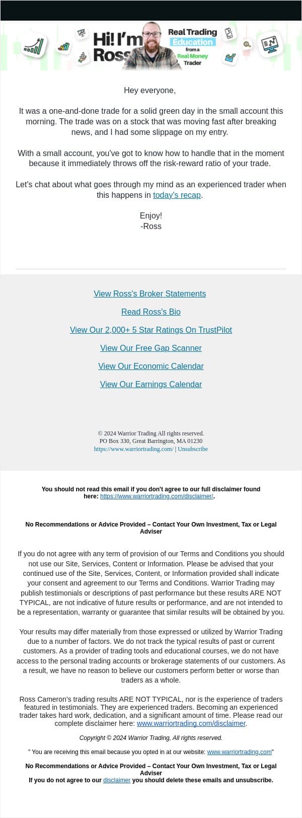 Adjusting On the Fly email from Warrior Trading screenshot
