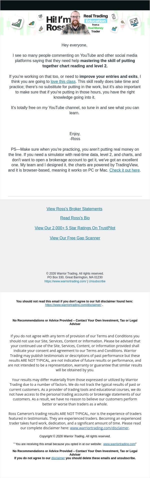 Using Charts AND Level 2 for Entries & Exits email from Warrior Trading screenshot
