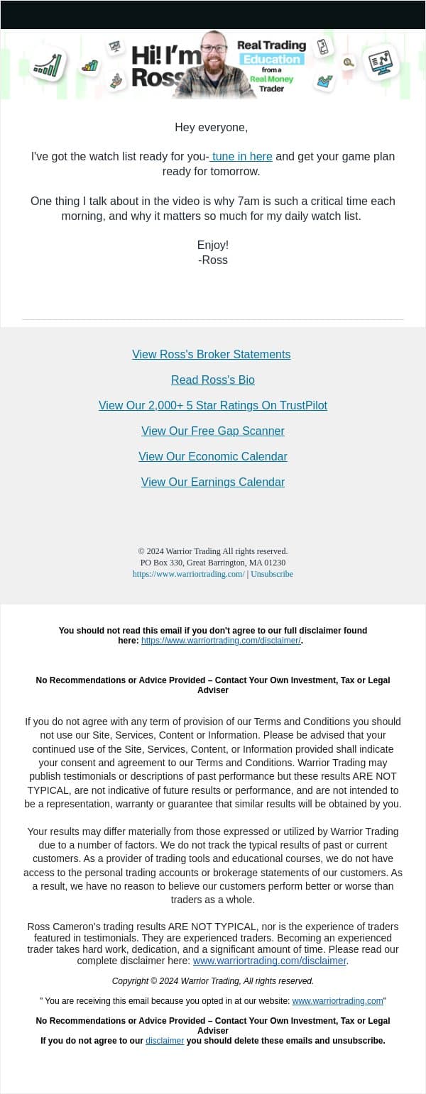 Day Trading Watch List for Tomorrow email from Warrior Trading screenshot