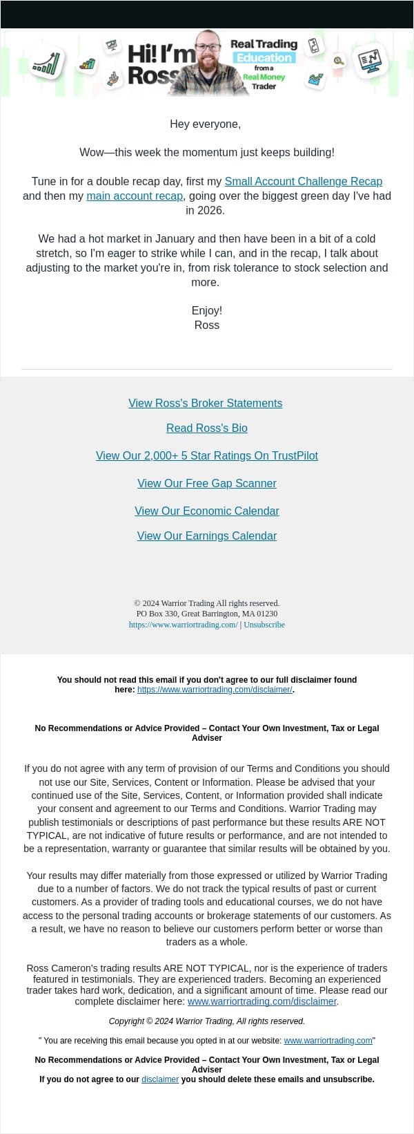 Biggest Green Day of 2026 email from Warrior Trading screenshot