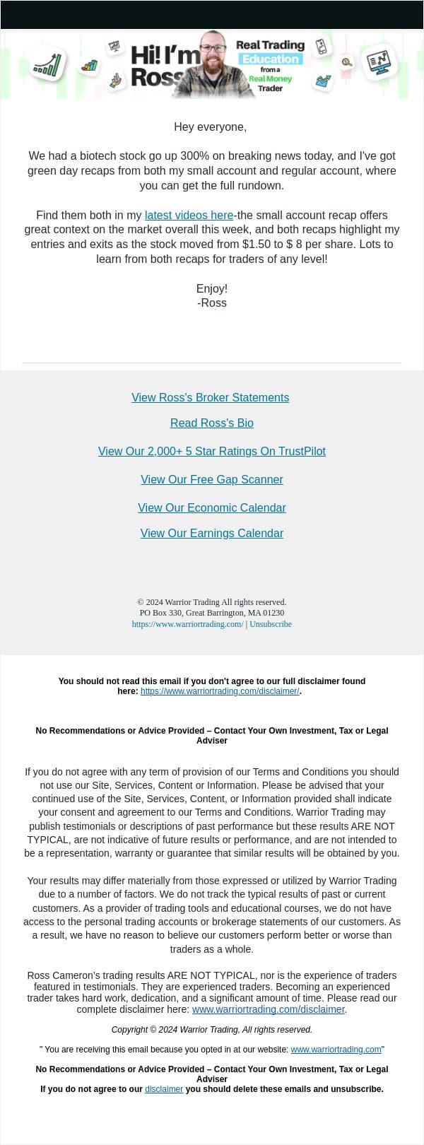 Biotech Up 300% on Breaking News email from Warrior Trading screenshot
