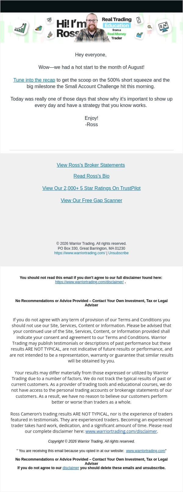 Wow- we had a 500% Short Squeeze this morning! email from Warrior Trading screenshot