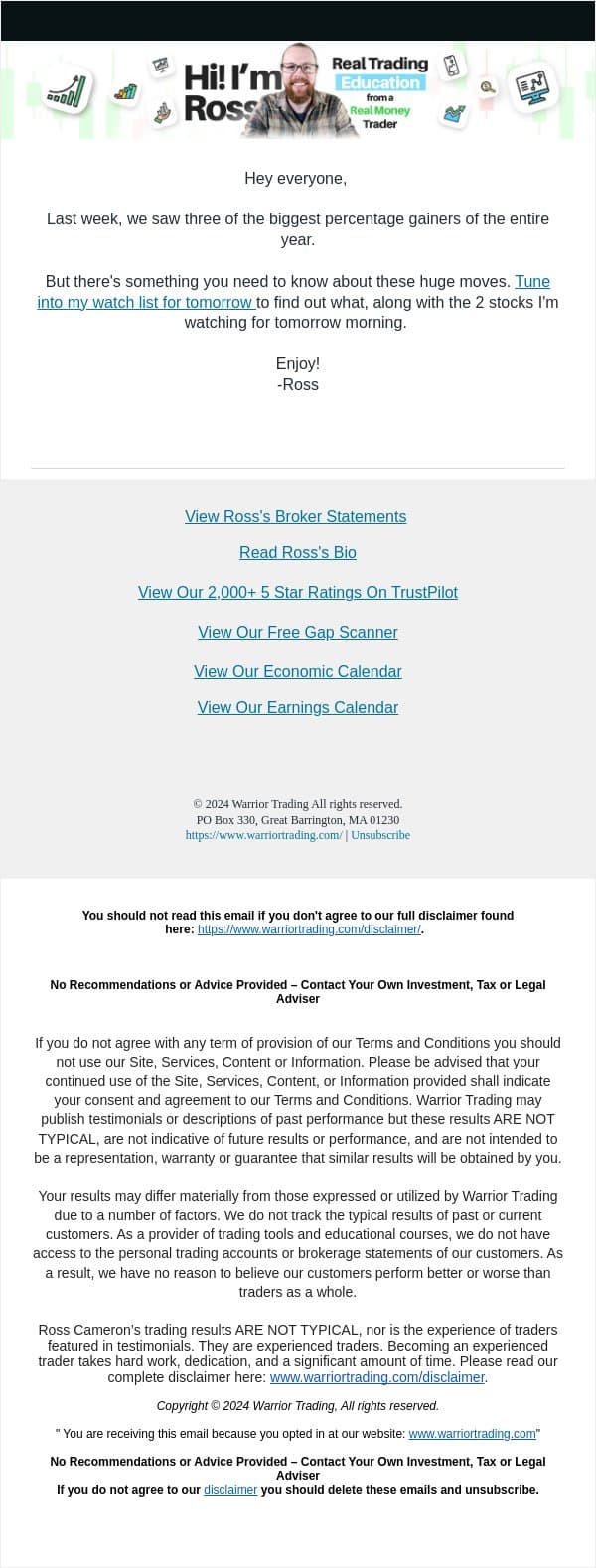 My Watch List for Tomorrow email from Warrior Trading screenshot