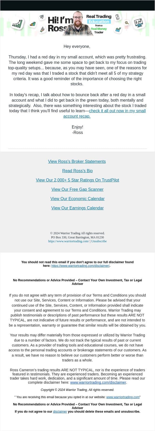 HOW TO: rebound from a red day in a small account email from Warrior Trading screenshot