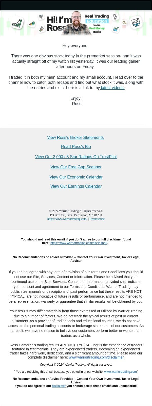 the ONE obvious stock today email from Warrior Trading screenshot