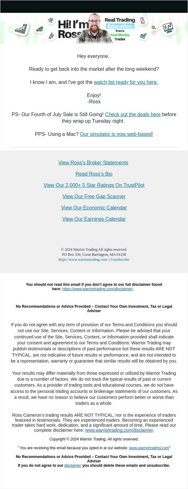 My Watch List for Monday Morning email from Warrior Trading screenshot