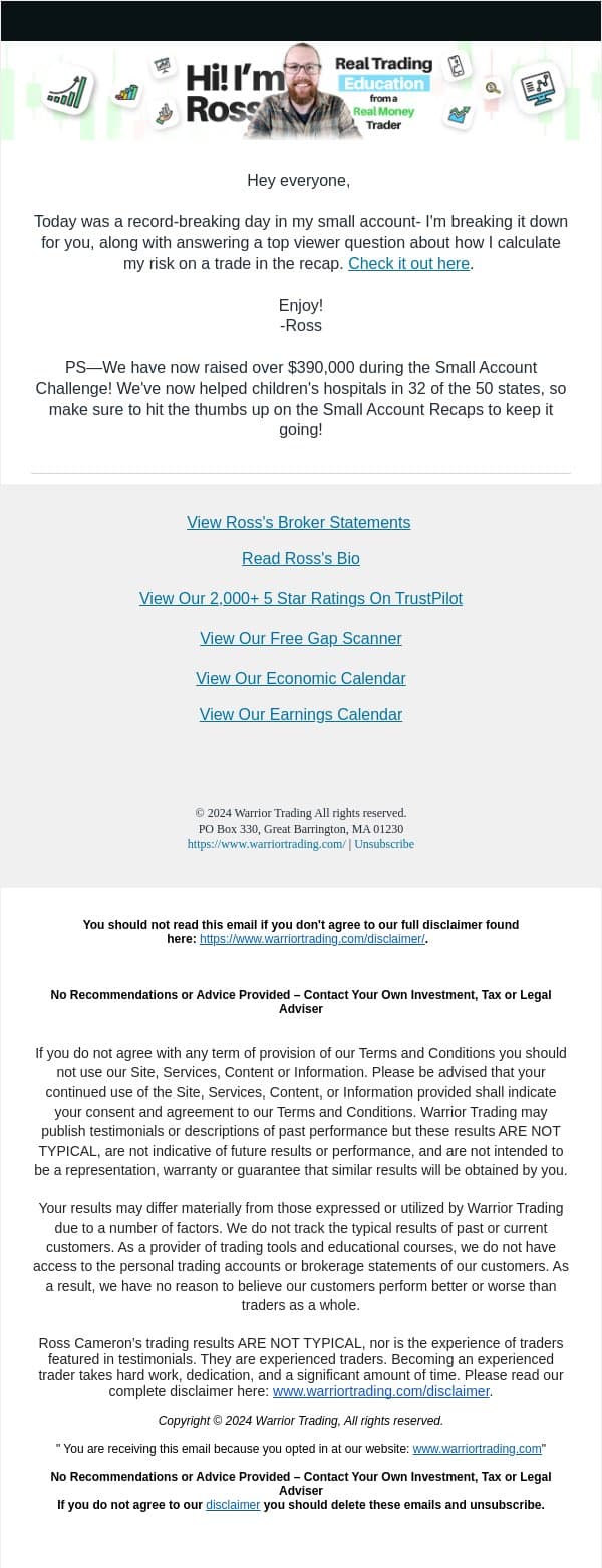 Record day in the small account! email from Warrior Trading screenshot
