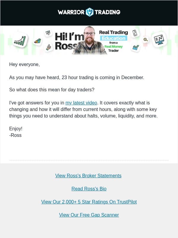 What You NEED to Know About 23/5 Market Hours (Coming in December) email from Warrior Trading