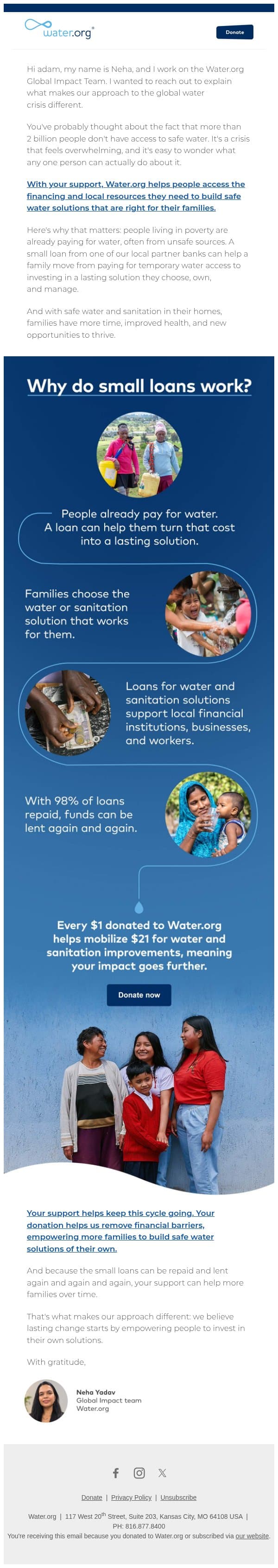 Why small loans? email from Water.org screenshot