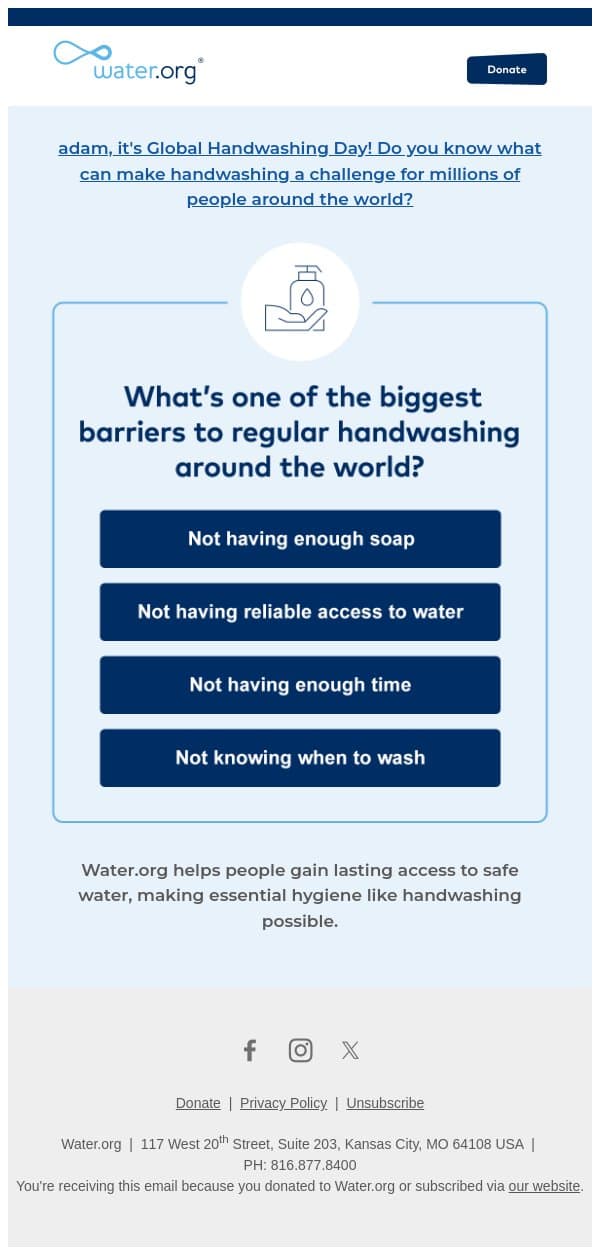 adam, it's Global Handwashing Day email from Water.org screenshot