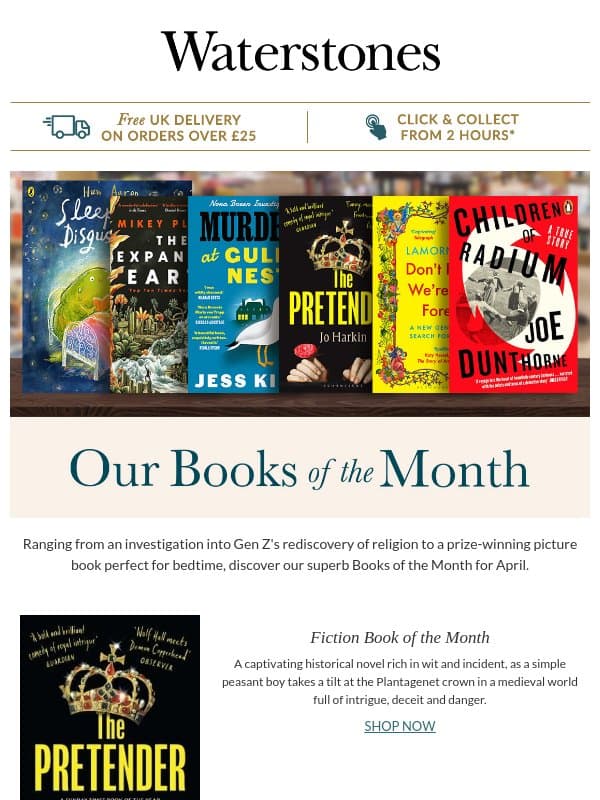 Our Books Of The Month For April email from Waterstones