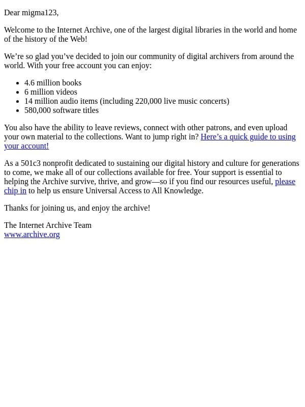 Welcome to the Internet Archive email from Wayback Machine screenshot