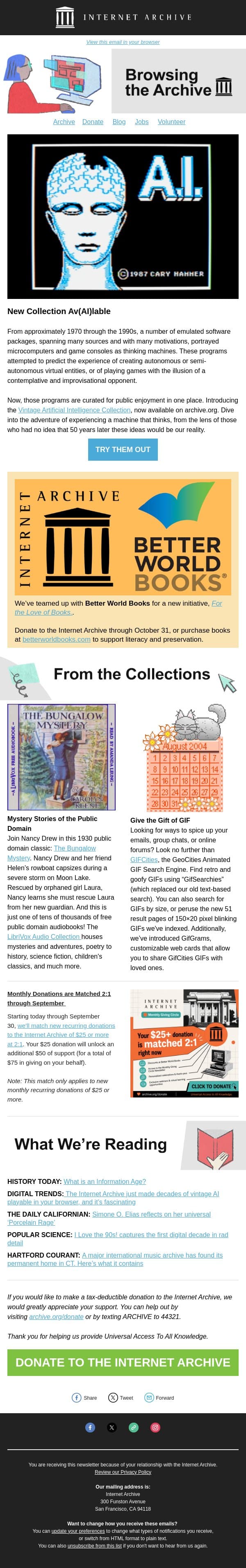 Explore the Vintage AI Collection email from Wayback Machine screenshot