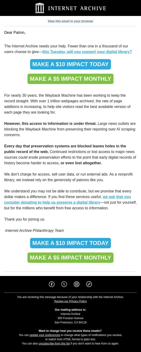 Because Of Patrons Like You email from Wayback Machine screenshot