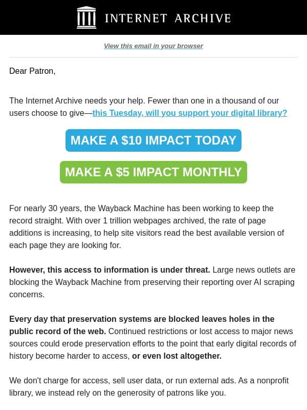 Because Of Patrons Like You email from Wayback Machine
