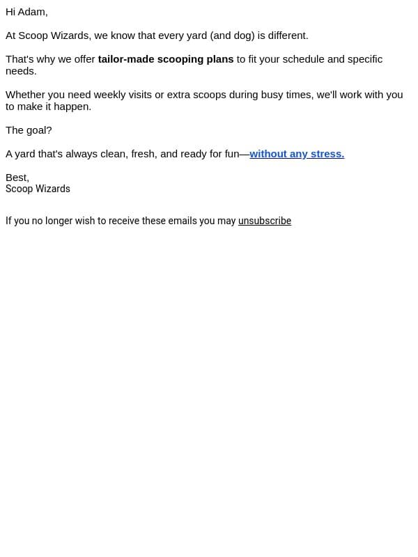 Yard care that fits your schedule email from We Scoop Poop screenshot