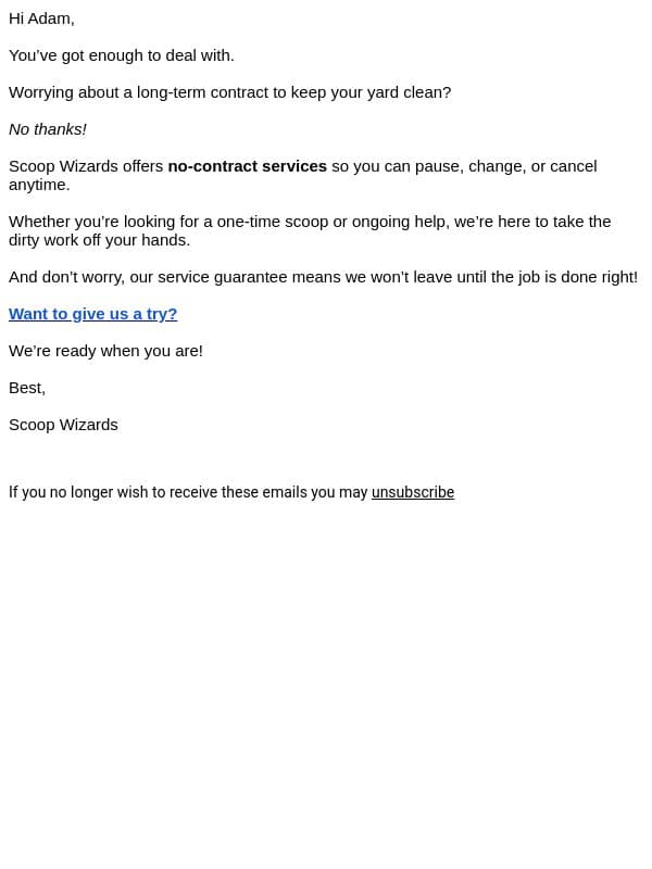 No strings attached email from We Scoop Poop screenshot