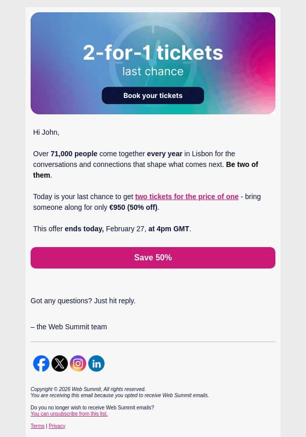 Final hours: save 50% on your tickets email from Web Summit screenshot