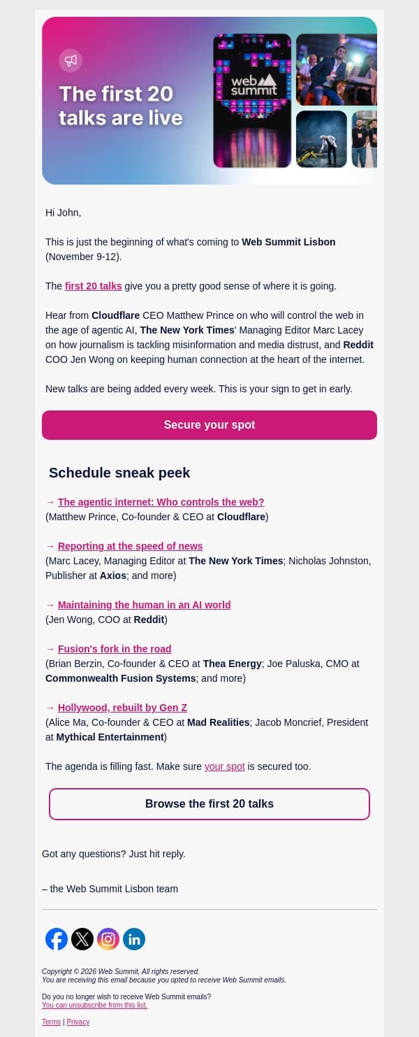 First talks are live email from Web Summit screenshot