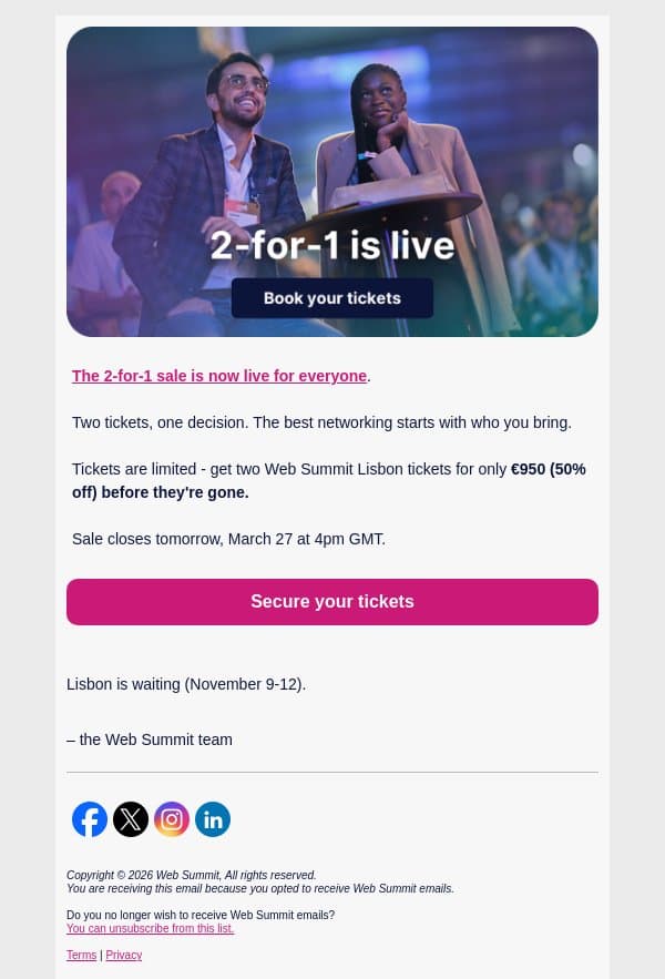 Live now: 2-for-1 tickets email from Web Summit screenshot