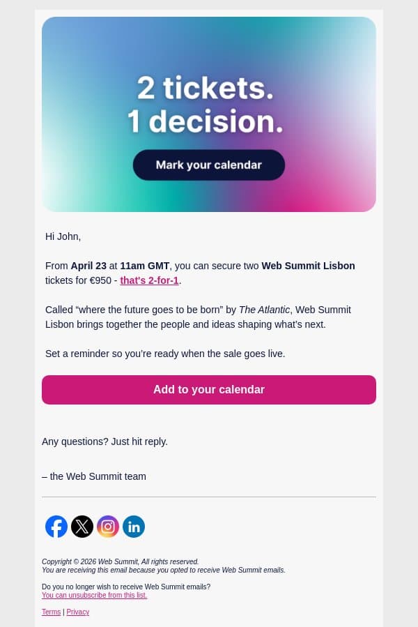 Two tickets. One decision. 50% off. email from Web Summit screenshot