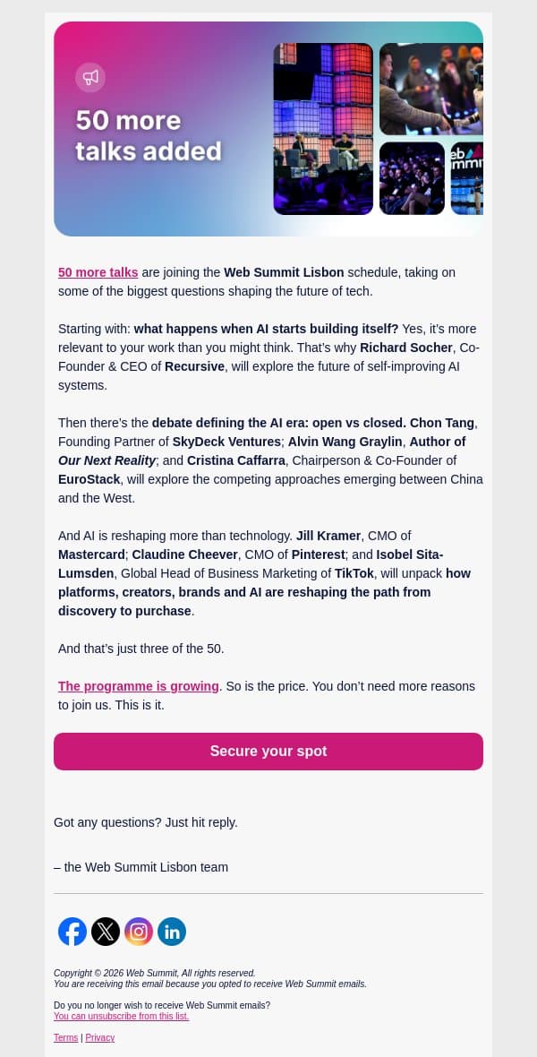 50 more talks just landed email from Web Summit screenshot