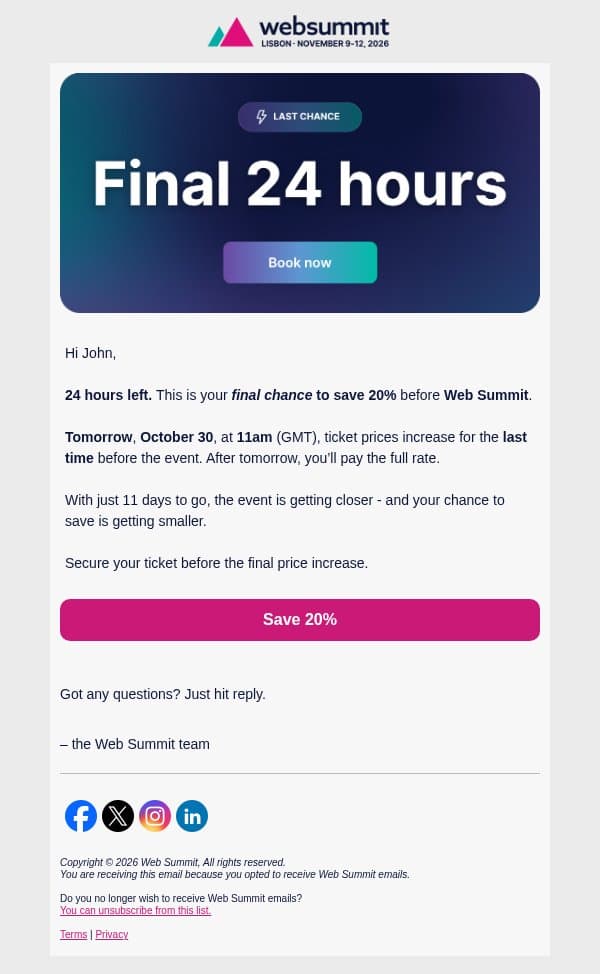The final 24 hours email from Web Summit screenshot