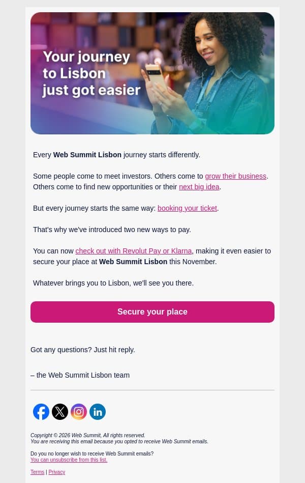You can now pay with Revolut Pay and Klarna email from Web Summit screenshot