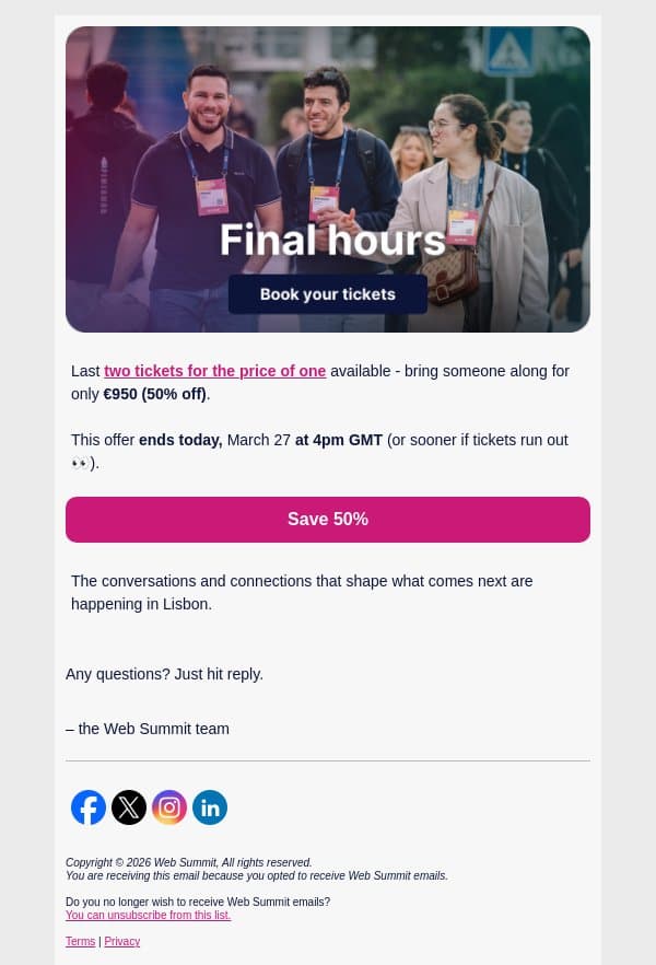 Last tickets available email from Web Summit screenshot