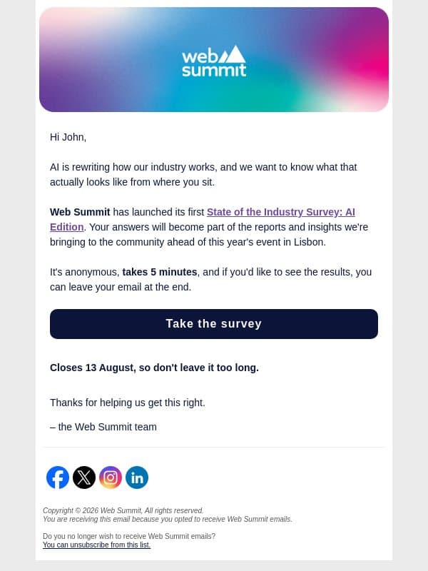 State of the Industry: AI Edition, we want your take email from Web Summit screenshot