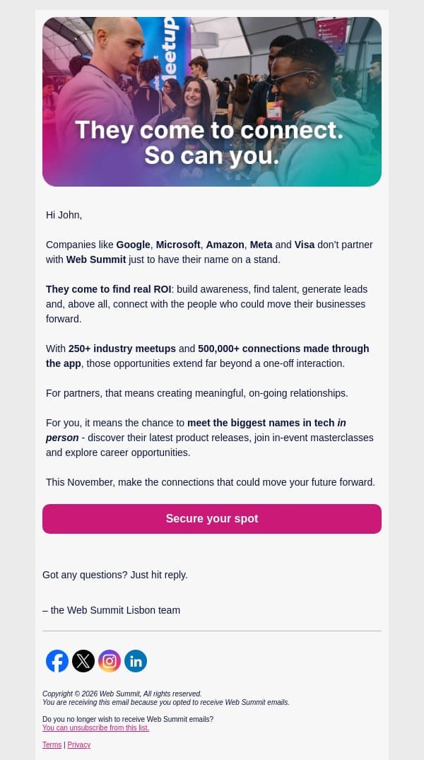 Why Google, Meta and Microsoft partner with us email from Web Summit screenshot