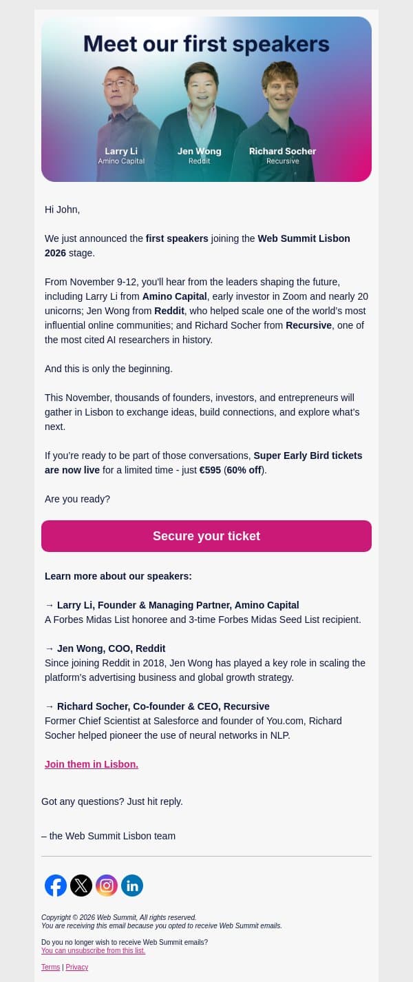Your first speakers are here email from Web Summit screenshot