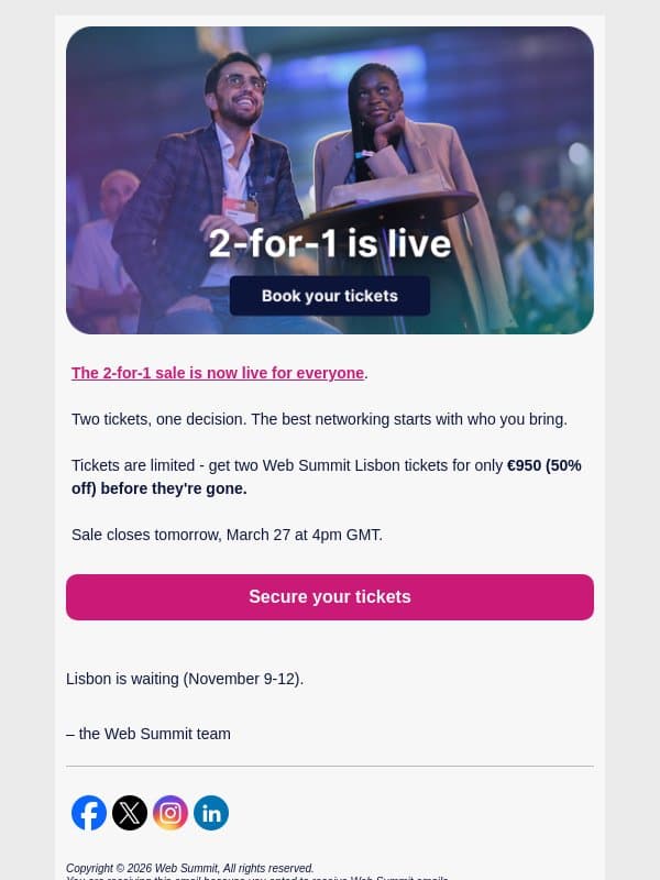 Live now: 2-for-1 tickets email from Web Summit