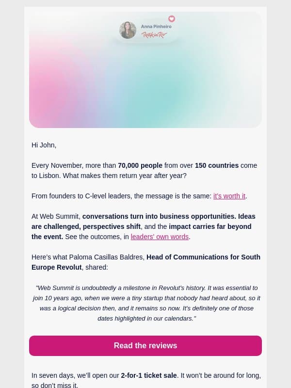 Revolut, Microsoft, Crunchbase - see why they come back email from Web Summit