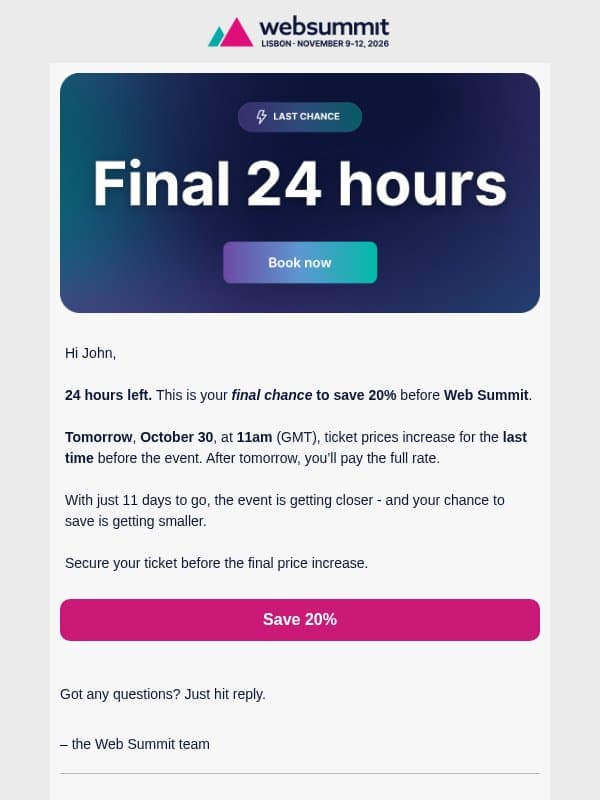 The final 24 hours email from Web Summit