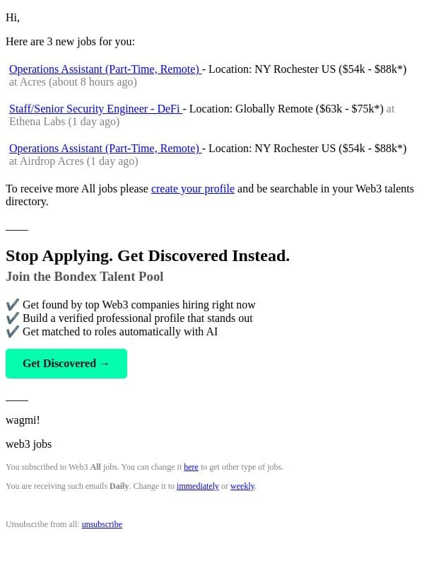 3 New All Jobs at Acres, Ethena Labs, Airdrop Acres (Daily) email from Web3 Career