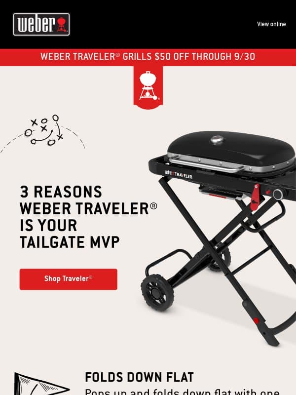 Meet Your Tailgate MVP Grill + $50 Off! email from Weber
